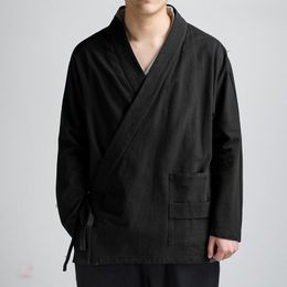 Ethnic Clothing Chinese Style Tang Suit Hanfu Men's Linen Long-Sleeved Diagonal Jacket Retro Cotton And Zen Layman's Robe 2021