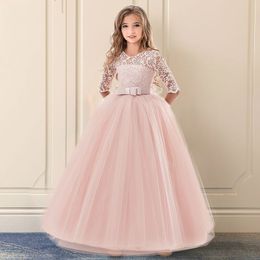 Embroidery Girls Lace Dress For Wedding Party Dresses Floral Ceremony Formal Ball Gown Kids Dresses For Girls Robe Fille 8 9 14Y 210317