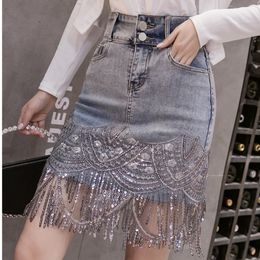 Pantalones Cortos Mujer Summer Streetwear Shorts Women Hand-Studded Diamond Tassels Chain Light Blue Denim Shorts 210309