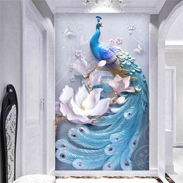 Custom Any Size Mural Wallpaper 3D Stereo Relief Blue Peacock Flowers Wall Painting Living Room el Entrance Backdrop Wall 3 D 210722