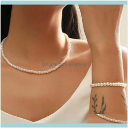 Jewelrytrend Small Beads Necklace Bracelet Sets Gold Color Charm Pearl Chains White Jewelry Set For Women Girls Holiday Gift Earrings & Drop