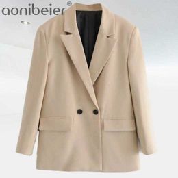 Chic Office Lady Double Breasted Blazer Vintage Coat Notched Collar Ladies Outerwear Stylish Tops Urban Outfits 210604