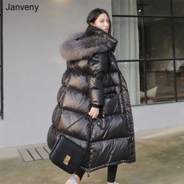 Janveny Long Down Jacket Women Winter Black Loose Real Raccoon Fur Hooded Fashion Waterproof Female Duck Puffer Coat 211008