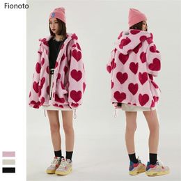 Hip Hop Flannel Parkas Lambswool Hoodie Jackets Women Streetwear Full Print Heart Winter Harajuku Sherpa Zipper Coat Oversize 211126