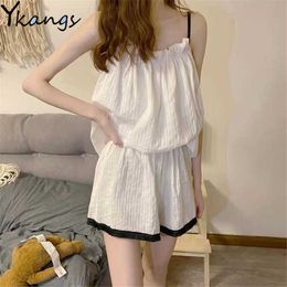 Sweet Women Casual Pajama Sets Sleeveless Spaghetti Strap Elegant French Student White Cute Baggy Cozy Lounge Homewear 210619