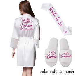 Lace Sleeve Sexy Women Nightwear Peignoir Mariage Wedding Kimono Chiffon Silk Female Bathrobes Bridemaid Robes Personalised Name 210924