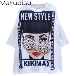 White Beading Decoration Women T-shirt Summer Character Print Plus Size Female Letter Casual QYF5351 210720