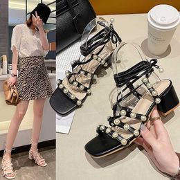 Sandals Fashion Cross Tied Pearl Square Heel Women Open Toe Ankle Strap Med Sandalias Mujer Sexy Summer Lady Shoes