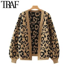 TRAF Women Fashion Leopard Pattern Loose Knitted Cardigan Sweater Vintage Lantern Sleeve Female Outerwear Chic Tops 211011