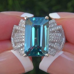 Wedding Rings UILZ Luxury Big Single Stone Blue Zircon Silver Color For Women Charm Bride Engagement Ring Fashion Jewelry