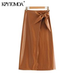 KPYTOMOA Women Chic Fashion With Bow Tied Faux Leather Wrap Midi Skirt Vintage High Elastic Waist Front Slit Female Skirts 210310