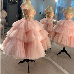 Plus Size Off Shoulder Ruffles Prom Dresses Arabic Aso Ebi Pink Beaded Tulle Evening Formal Party Second Reception