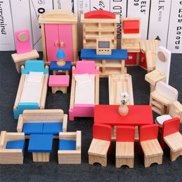 Miniature Furniture Dolls House Wooden dollhouse Furniture sets Pretend Toys Educational Play House Toys Children Girls Gifts 210312