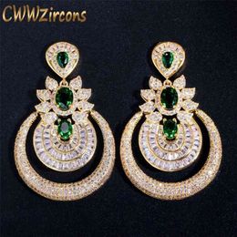 CWWZircons Dubai 18k Yellow Gold Vintage Costume Jewellery Green Emerald Long Big Drop Wedding Party Earrings for Women CZ457 210706