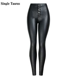 High Waist PU Snake skin Black Pants Women Button Fly Skinny Trouser Femme Autumn Winter Plus Velvet Leather Coating Leggings 210915