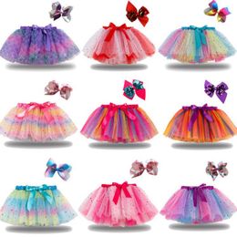 Tutu Skirts Rainbow Princess Pettiskirts Headband 2pcs Sets Girls Mesh Mini Dresses Kids Party Costume 20 Designs DW6490