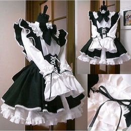 Halloween Women Men Cosplay Costume Maid Dress Apron Cafe Servnat Lolita Retro Sexy Lace Ruched Puff Sleeve Bow Bodydoll Dress Y0903