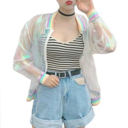 Harajuku Summer Women Jacket Laser Rainbow Symphony Hologram Women BasicCoat Clear Iridescent Transparent Bomber Jacket Sunproof 210928