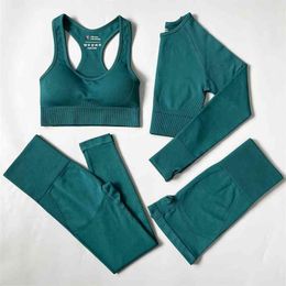 Fitness Women Yoga Set Seamless Sportswear Workout Sport Leggings+Top+Bra Gym Woman Clothing Shorts s 210802