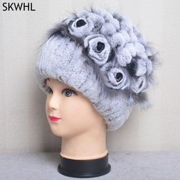 Winter Hat Women Rex Rabbit Fur Warm Knitted Hand Sewn Floral Fox Elegant Stylish Ladies Cold Furry Cap Natural