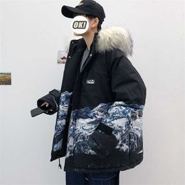 M-5XL Plus Size Men's Winter Puffer Jacket Thicken Coat Warm Outwear with Removerable Fur Hood Mountain Printed Mens 211214