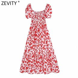 Women Puff Sleeve Red Floral Print Pleats Cake Midi Dress Chic Female Square Collar Elastic Casual Vestidos Party Dresses DS8379 210603