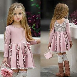 Lovely Kids Baby Girl Princess Dress Back Lace Patchwork Cotton Dress Girl Long Sleeve High Waist Ruffle Party Tutu Dresses 2-7Y Q0716