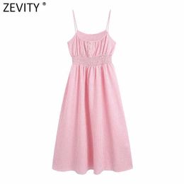 Zevity Women Sexy Spaghetti Strap Pink Plaid Print Midi Dress Female Prairie Chic Elastic Waist Vestidos Dresses DS8330 210603
