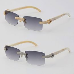 Randlose Sonnenbrille mit Mikropavé-Diamanten, Original-Weiß, echtes natürliches Büffelhorn, Brille für Männer und Frauen, 18 Karat Gold, C-Dekoration, luxuriöser Rahmen, große quadratische Brille