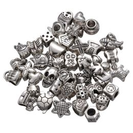 -Bracelets de charme 40pcs Bracelet Perles en vrac Accessoires Alliage Grand trou DIY Faire accessoire pour argent (style mixte)