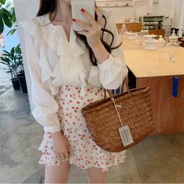 White V-Neck Ruffles All Match Streetwear Solid Femme Blouses High Quality Chic Gentle Girls Loose Tops Shirts 210525