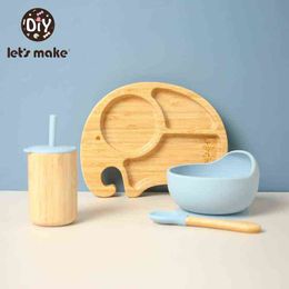 Let's Make Silicone cutlery set Elephant Tableware Wooden Dinner Plate Baby Stuff Silicone Bib BPA Free Bamboo Wooden Straw Cup G1210