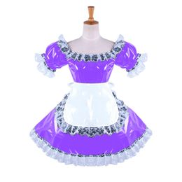 7 Colours Lace Trim Square Neck Mini Dress Lovely Women PVC Maid Dress Short Sleeve A-line Waitress Uniform Sexy Cosplay Costume