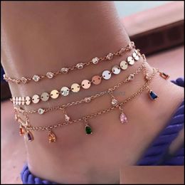 Pcs/Set Boho Gold Colorf Crystal Wafer Mtilayer Anklets For Women Chains Adjustable Set Foot Jewellery Aessories Drop Delivery 2021 Qxgyi