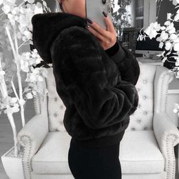 Anself Plus Size Fluffy Jacket Women Faux Fur Coat Hooded Neckline Long Sleeve Zipper Ribbed Casual Warm Outerwear Short Tops Y0829