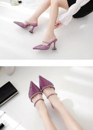 Kcenid Fashion glitter crystal runway slippers women spike heel mules rhinestone strap pointed toe high heel party wedding shoes X1020
