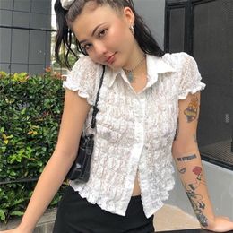 Top Women White Shirt Ruffle Lace See Through Blouses Turn Down Collar Shirts Short Sleeve Tees Street Clothing 220315