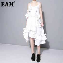 [EAM] New Spring Irregular Multilayer Ruffles Solid Color Loose Fashion Sexy White Dress Women Trendy Tide J211 210309