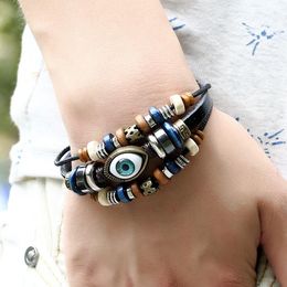 Charm Bracelets Handmade Design Leather Bracelet Eye Fish Charms Beads For Men Vintage Punk Wrap Wristband Hand Party Accessories