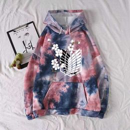 Uniex Anime Hoodie Attack on Titan Tie-dye Pullovers Tops Long Sleeve Casual Print Cloth Y0804