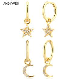ANDYWEN 925 Sterling Silver Gold Star Moon Zircon CZ Charm Drop Earring Dangle Fashion Fine Jewellery Gift Wedding Tiny Clips 210608