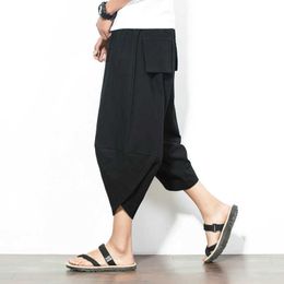 Japanese Summer Linen Cropped Trousers Men's Solid Colour Casual Loose Large Size Harem Pants 3/4 Pants Men's Trousers P0806