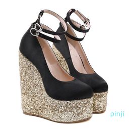 16CM black gold sequins ultra-high heel platform wedge shoes with their own boxes