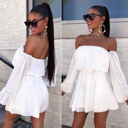 The New WOMEN A-Line Slash neck Flare Sleeve mini Dersses Full Casual Solid Tube top Dersses 210303