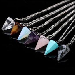 & Pendants Jewellery Gemstone Pendant Necklace Crystal Healing Chakra Reiki Sier Stone Hexagonal Prisme Cone Pendum Charm Necklaces Drop Deliv