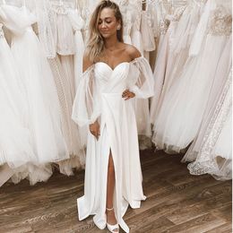 Bohemian Country Wedding Dresses with Sheer Long Sleeves Bateau Neck A Line Lace Applique Chiffon Boho Beach Bridal Gowns Cheap