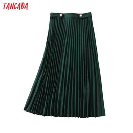 Tangada women green pleated midi skirt button decorate side zipper office ladies elegant chic mid calf skirts QB206 210309