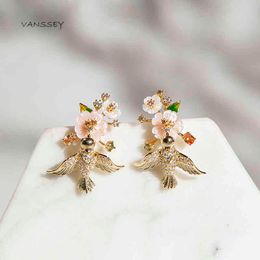Vanssey Fashion Jewelry Flower Bird Natural Mother of Pearl Shell Enamel Cubic Zirconia Earrings Accessories for Women 2020