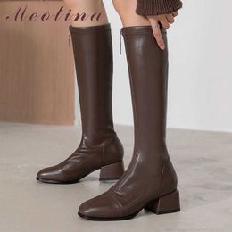Meotina Med Heel Knee High Boots Women Square Toe Riding Boots Thick Heel Long Boots Zipper Ladies Shoes Autumn Winter Brown 43 210608