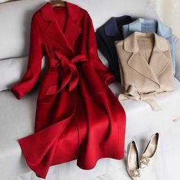 Women Cashmere Long Coat Elegant Turn Down Collar Woollen Coat With Belt Open Stitch Design Winter Warm Coat 210930